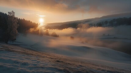 Poster - The sun rises over a fog-covered landscape, casting long shadows and creating a mystical ambiance of anticipation and possibility.