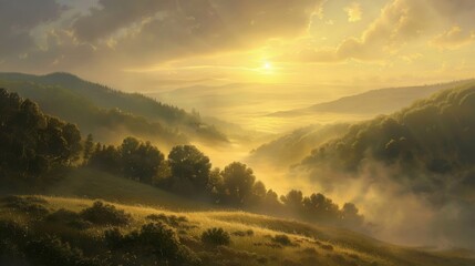  The sun rises over a fog-covered landscape, casting long shadows and creating a mystical ambiance of anticipation and possibility.