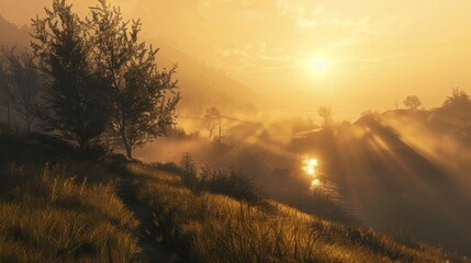 Poster - The sun rises over a fog-covered landscape, casting long shadows and creating a mystical ambiance of anticipation and possibility.