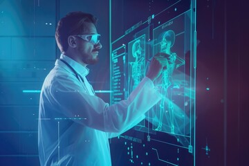 Poster - A man in a lab coat focused on computer screen. Suitable for scientific research concepts