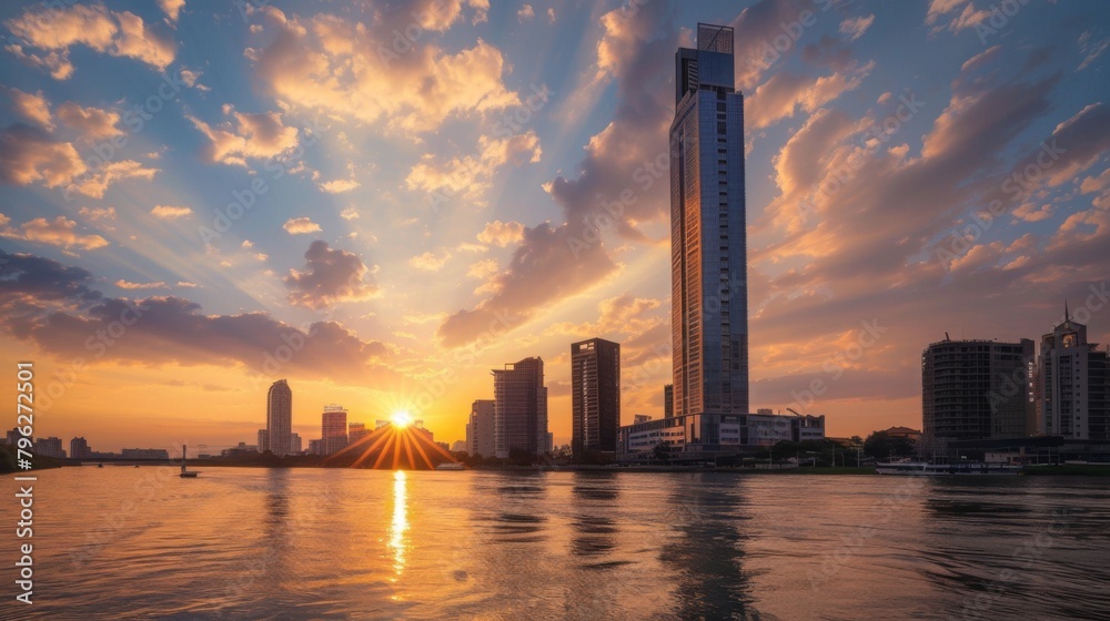 The sun sets behind a towering skyscraper on the riverfront, painting ...
