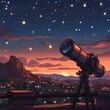 A view of a starry night sky from a rooftop in a small town. A telescope is set up on the roof, pointing up at the stars.