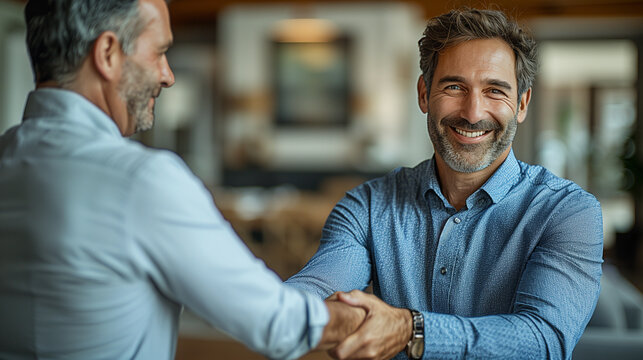 Shaking hands : Handsome middle aged man shaking hands with a financial advisor during a consultation at home. Thank you so much for your assistance.