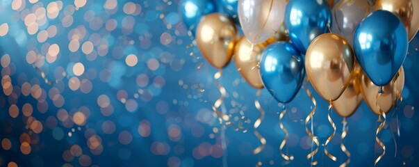 Celebratory 3D gold balloons and blue ribbons for anniversary backdrop