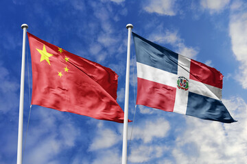 3d illustration. china and dominican republic flag waving in sky. high detailed waving flag. 3d rend