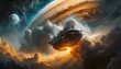  A dramatic sci-fi scene featuring storm clouds gathering ominously above Jupiter. 