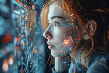 Poster - Side view of a woman engrossed in analyzing complex digital screens full of information and data
