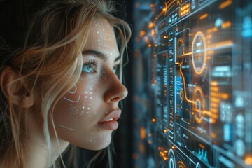 Poster - A female subject peers into a futuristic display of glowing technological interfaces and diagrams