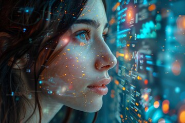 Poster - Close perspective of a female observer looking at a detailed and bright digital information interface