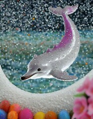 Wall Mural - Dolphin is smiling. A jewel-like crescent moon in the light blue and pink sky.