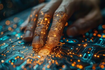 Poster - A hand makes contact with a digitally enhanced circuit board, highlighting the fusion of human touch with technology