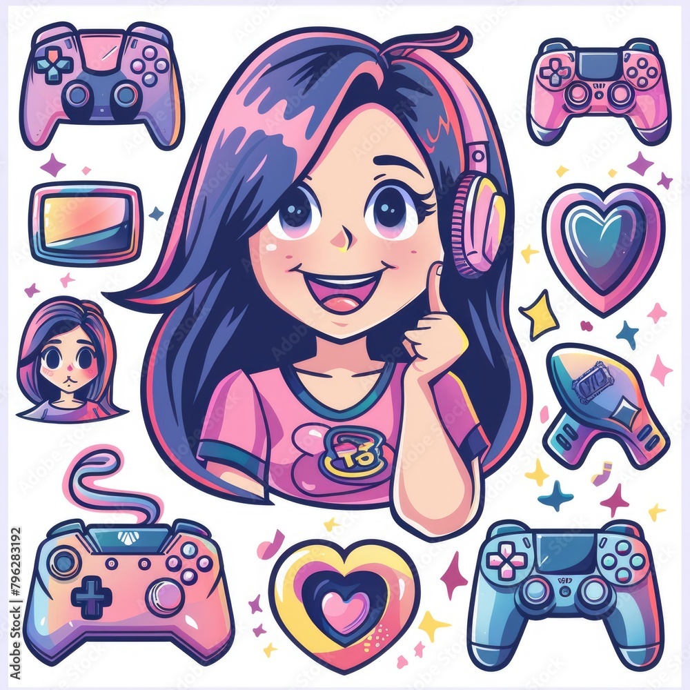 Streamer Gamer Girl Twitch Emote and Badge Set. Beautiful Cartoon Style ...