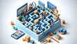3D Flat Icon Market Maze: Navigating Complex Financial Information for Informed Trading Decisions in This Isometric Scene