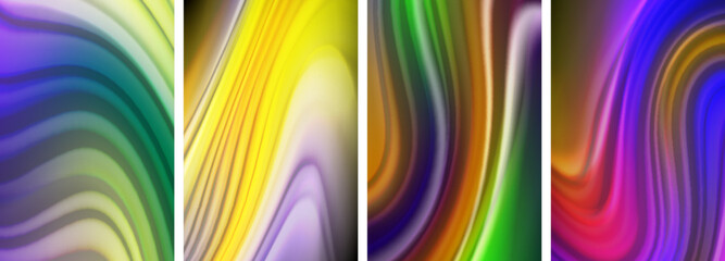 Poster - Four vibrant abstract backgrounds featuring colorful swirl patterns in shades of purple, violet, magenta, and electric blue. Created with art paint on glass surfaces