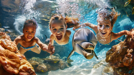 Group of joyful children playfully swimming alongside a friendly dolphin in a sunlit, clear blue aquatic environment