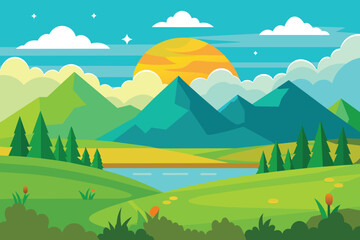 Wall Mural - Cartoon flat panorama of spring summer beautiful nature, green grasslands meadow with mountains on horizon background, summer mountain landscape, dawn over the valley