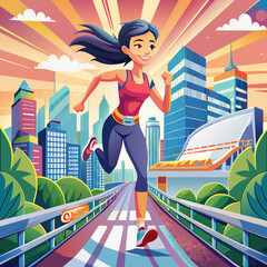 Wall Mural - Young woman runner-up runs on the city bridge road