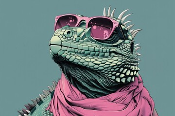 Poster - A lizard wearing sunglasses and a pink scarf. Perfect for animal lovers or tropical themed designs