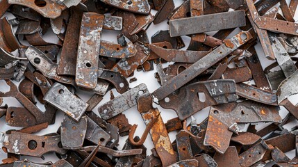 Aufkleber - A pile of rusted metal pieces on a white surface. Suitable for industrial, construction, or recycling concepts