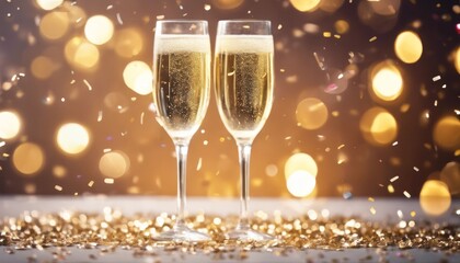 Wall Mural - 'Happy Template Champagne 2024 Poster Bokeh Background. New Year Glass confetti background gold glistering award light eve card banner party shine elegant luxury greet'