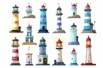 Poster - Various colored lighthouses on a clean white backdrop. Ideal for maritime themed designs