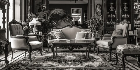 Poster - A black and white photo of a stylish living room. Perfect for interior design concepts