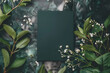Stylish elegant flat lay dark green floristic greeting invitation post card with copy space mockup.