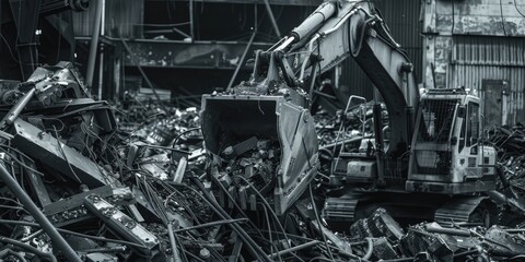 Poster - A black and white photo of a pile of junk. Suitable for industrial and environmental concepts