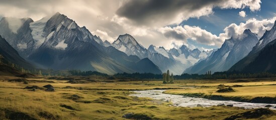 Poster - Mountains river valley grass trees