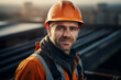 Generative AI picture Portrait of construction worker wearing a protective safety uniform clothes helmet at big building