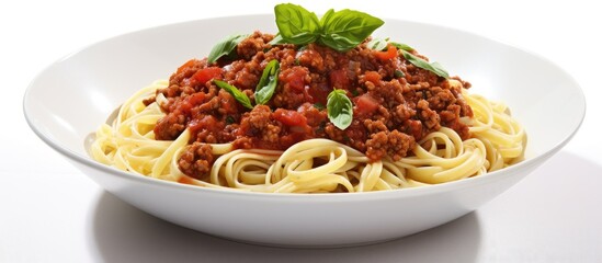 Poster - Bowl of spaghetti with ground meat and fresh basil