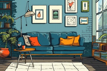 Poster - A cozy living room with a blue couch and coffee table. Perfect for interior design projects