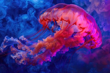 Poster - A mesmerizing jellyfish floating in vibrant blue and pink water. Perfect for aquatic-themed designs