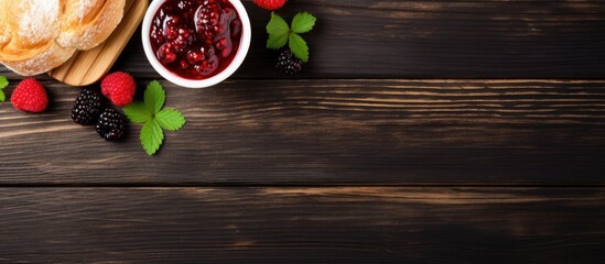 Poster - Wooden table with bowl of jam, bread, and berries
