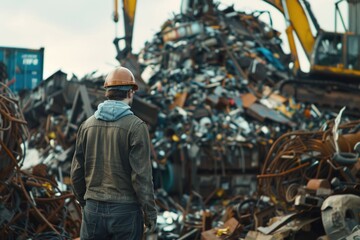 Poster - A man standing in front of a pile of junk. Suitable for industrial and environmental concepts