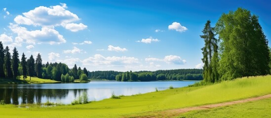 Poster - A serene lake surrounded by lush woodland