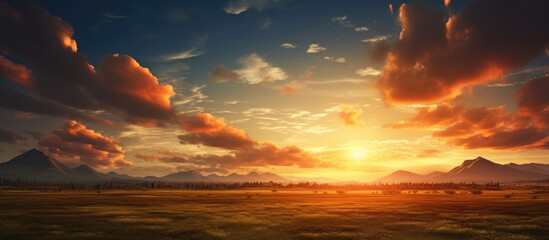 Poster - Sunset beyond field, mountains, clouds
