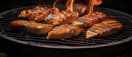 Poster - Pieces of fish grill flames cooking
