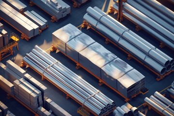 Poster - Industrial steel pipes stacked on pallets, suitable for construction projects