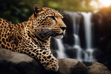 waterfall leopard background animal cat fall nature wildlife predator wild tree safari mammal carnivore big felino eye african hunter spot park jungle looking portrait wilderness dangerous fur yellow'