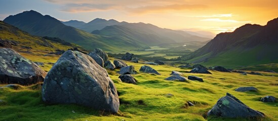 Poster - Grassy field with rocky terrain and distant mountains