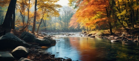 Wall Mural - River winding through dense forest with rocks and trees