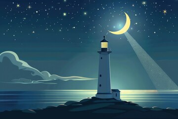 Poster - A picturesque lighthouse at night with the moon shining in the sky. Suitable for travel and nature themes