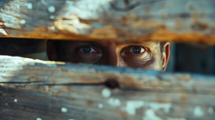 Poster - Close up of a person peeking through a wooden fence. Perfect for privacy or curiosity concepts