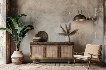 Poster - Interior of a living room with a chair and table. Suitable for home decor websites
