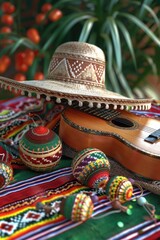 Poster - A guitar, a hat, and decorations on a table. Perfect for music events or western themes