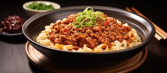 Wall Mural - Bowl of noodles with savory meat and fresh vegetables