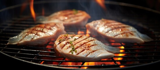 Poster - Four fish grilling amid fiery backdrop