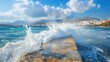 Island: Waves Breaking on Mediterranean Pier in Cyclades - Ideal Summer Vacation and Tourism