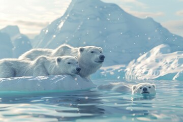 Poster - Group of polar bears floating on a body of water. Ideal for wildlife and nature concepts